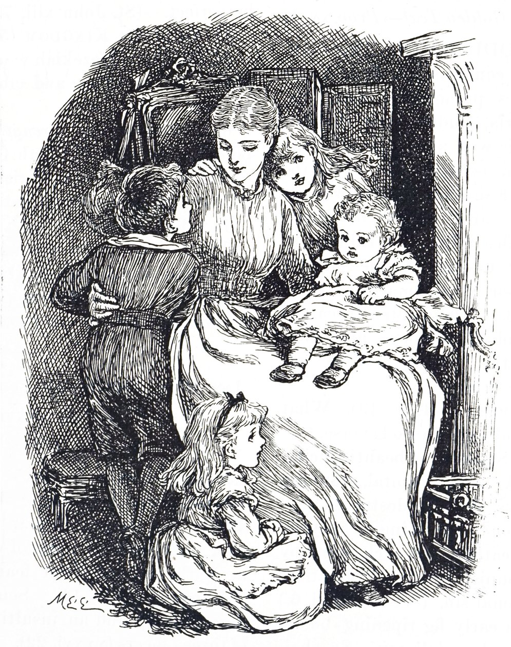 Illustration, der viser en mor med sine børn af Mary Ellen Edwards