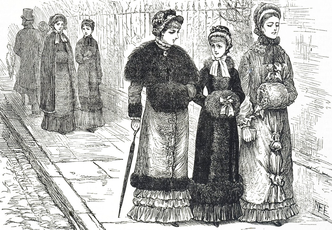 Illustration, der viser unge kvinder med muffer, for at holde deres hænder varme i det koldere vejr af Mary Ellen Edwards