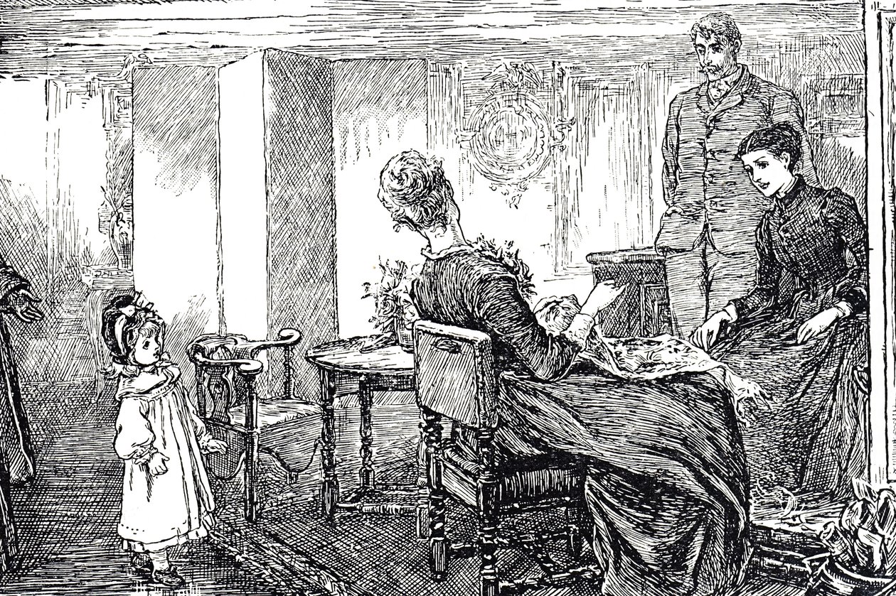 Illustration af en lille pige, der bliver passet af sine tanter og onkel en eftermiddag af Mary Ellen Edwards