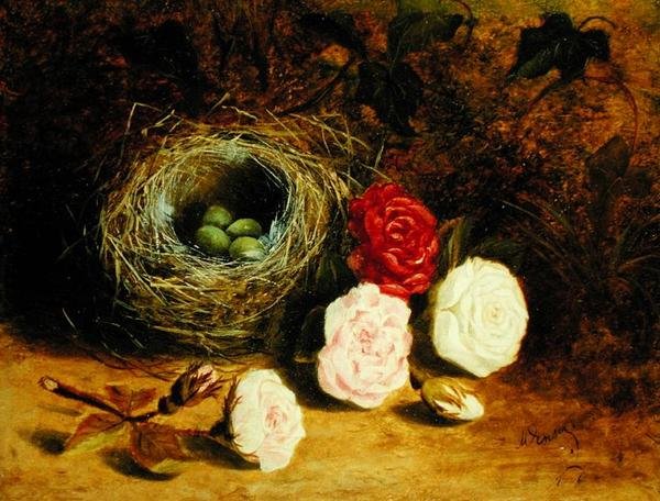 Stilleben af fuglerede og roser (olie på lærred) af Mary Ensor