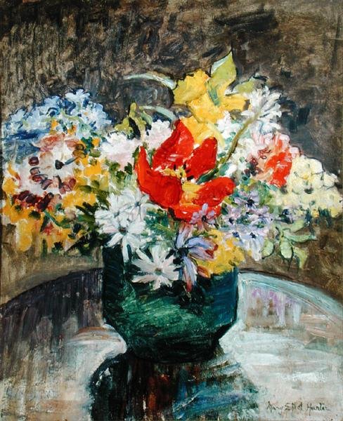 Blomster i en grøn vase (olie på lærred) af Mary Ethel Hunter