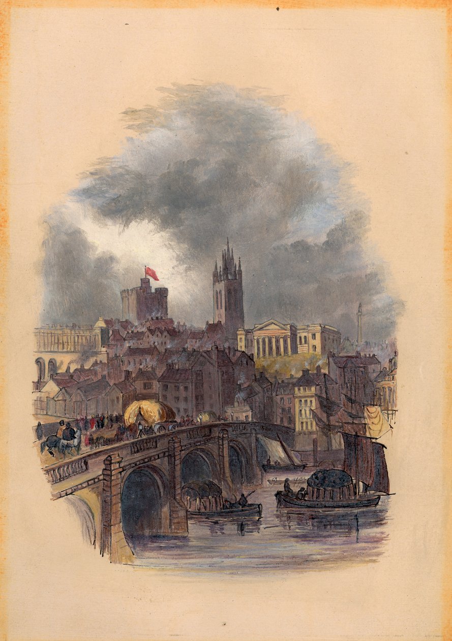 The Old Tyne Bridge, Moot Hall, St Nicholas Cathedral og Castle (blæk og wc på papir) af Mary Jane Hancock
