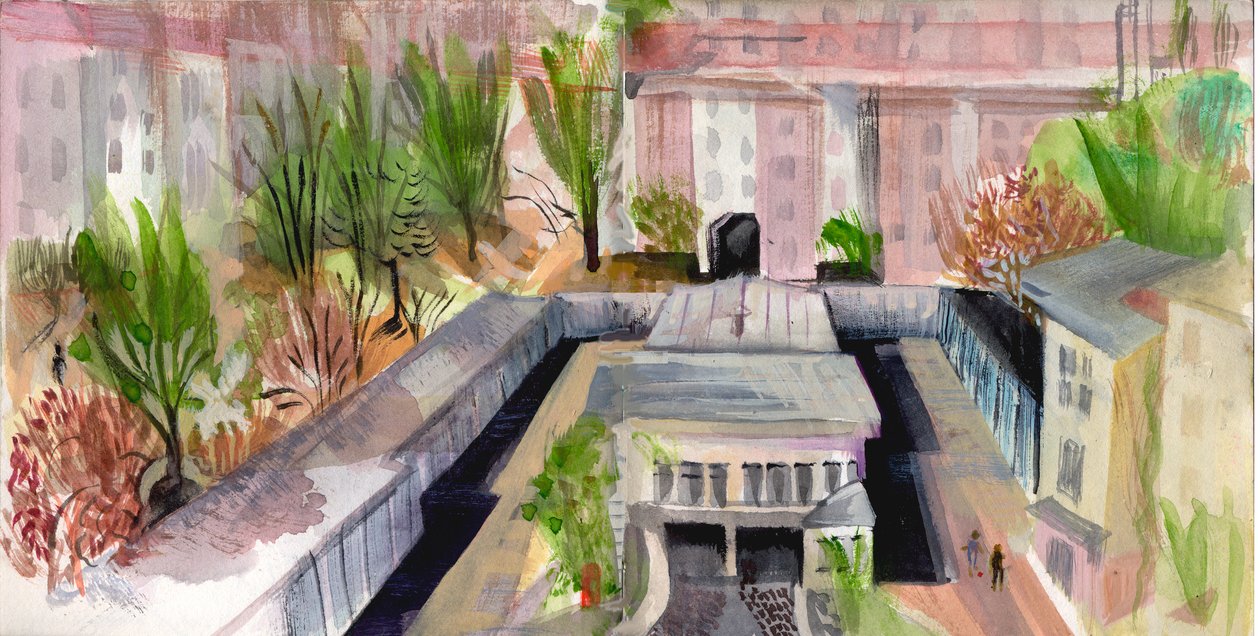 Berlin gårdhave, 2004 (pen og akvarel) af Mary Kuper