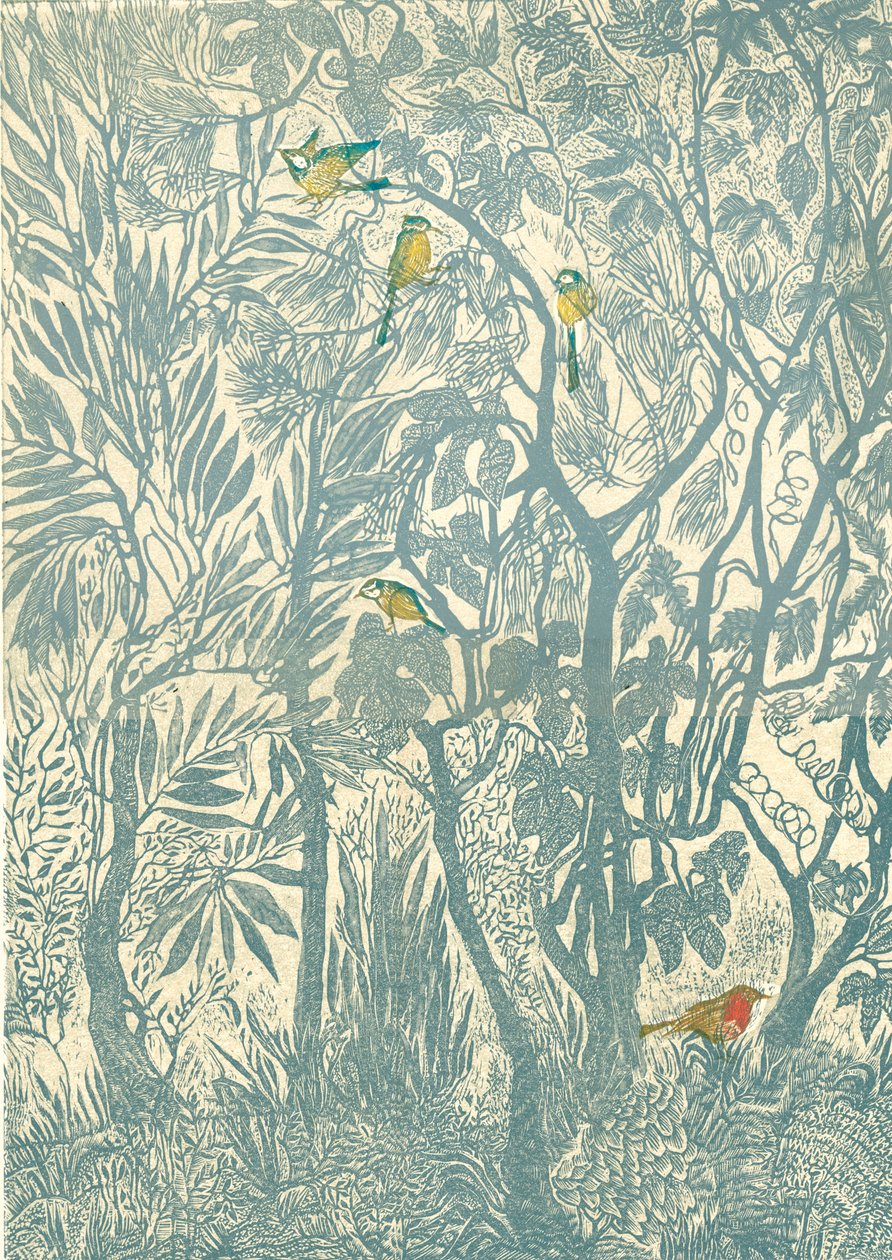 Fuglekiggeri fra køkkenvinduet: Robin, 2012 (vinylgravering, relieftryk) af Mary Kuper