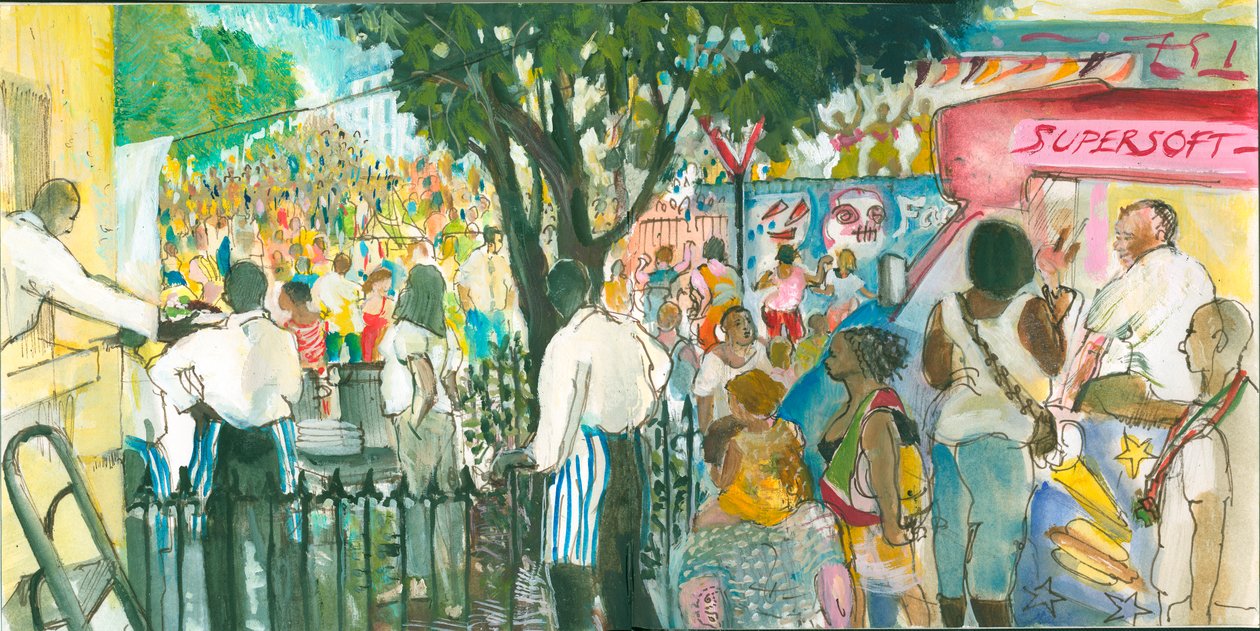 Carnival, Blenheim Crescent, 2007 (pen og akvarel) af Mary Kuper