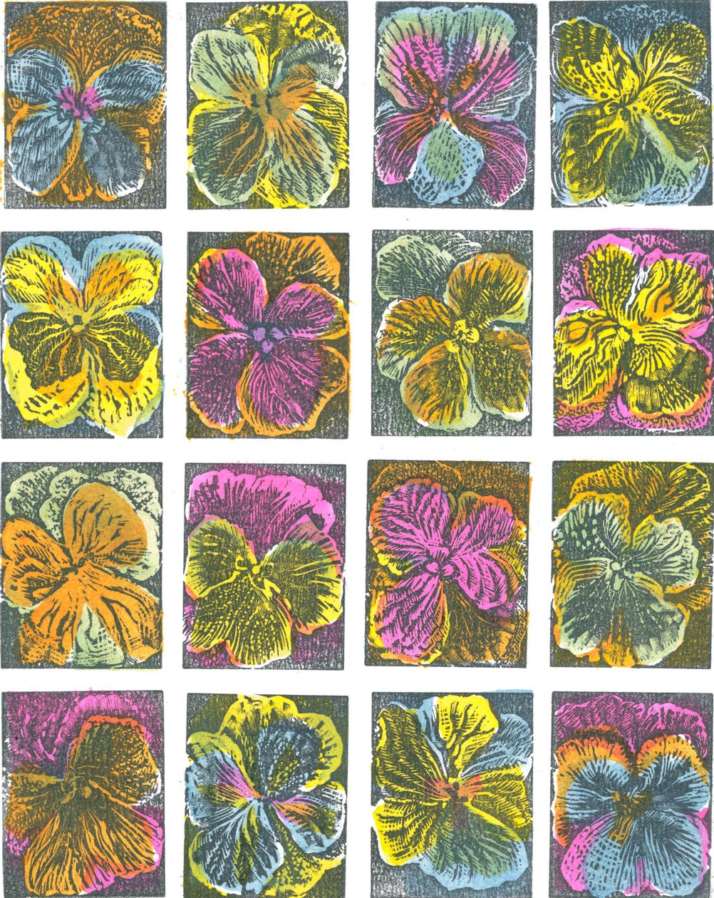 Elektriske stedmoderblomster, 2016 (vinylgravering, pochoir) af Mary Kuper