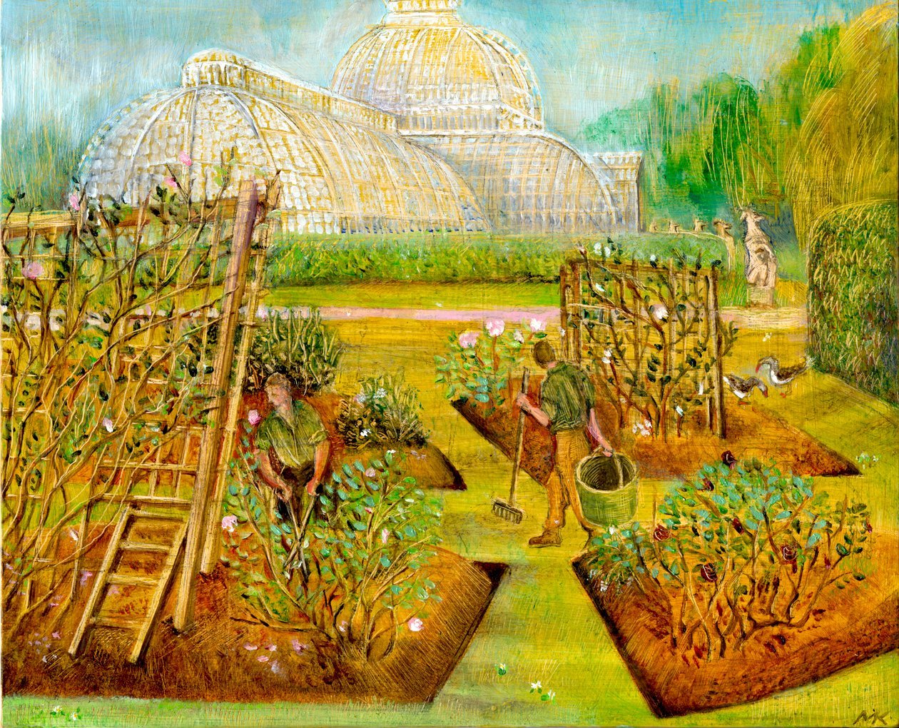 Gardeners, Kew, 2002 (olie om bord) af Mary Kuper