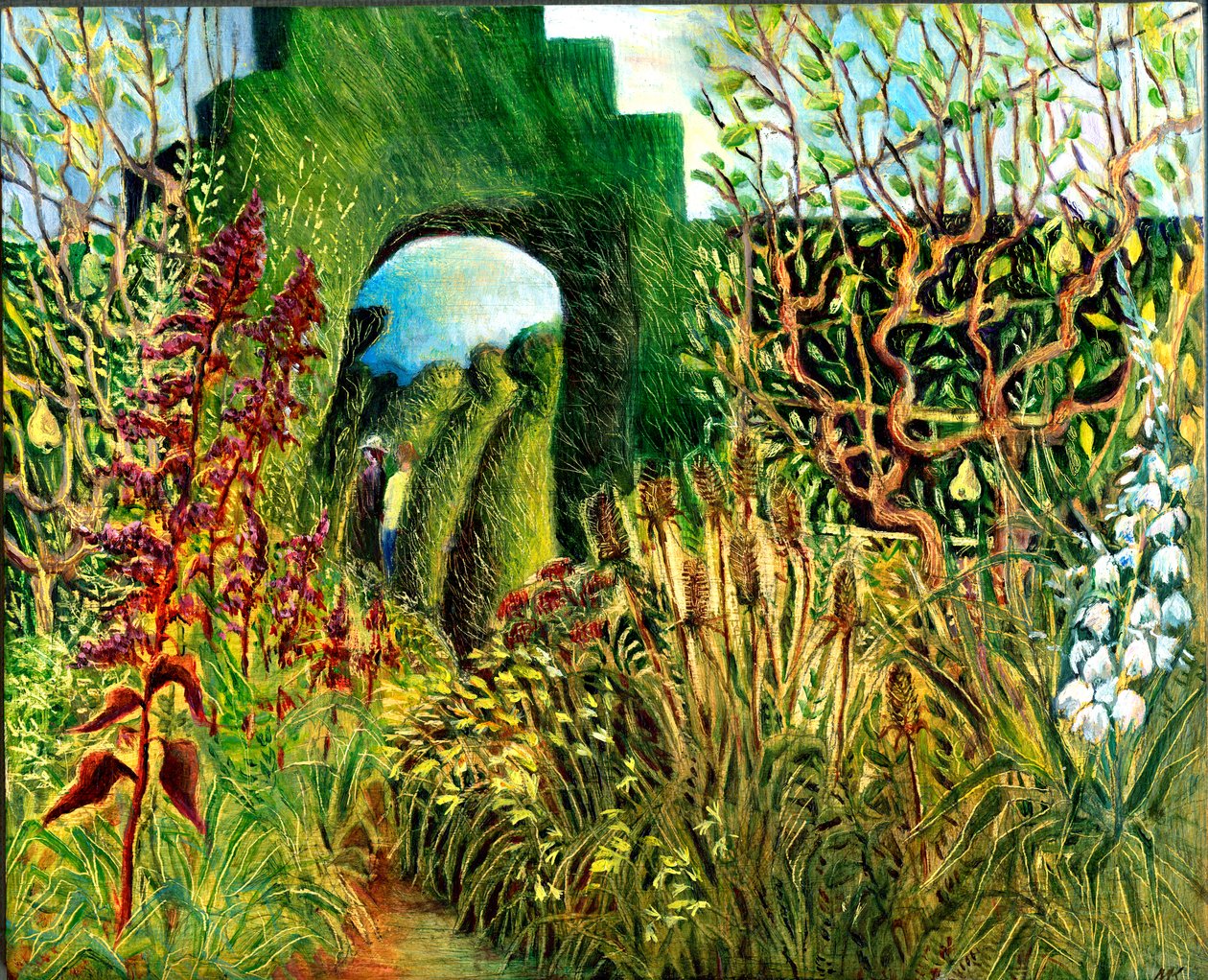 Great Dixter: Topiary and flowers, 2003 (olie om bord) af Mary Kuper