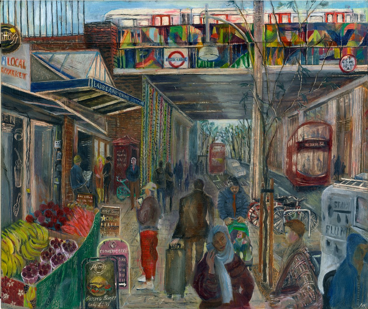 Ladbroke Grove lige før lockdown: 4, stationen, 2020 (olie om bord) af Mary Kuper