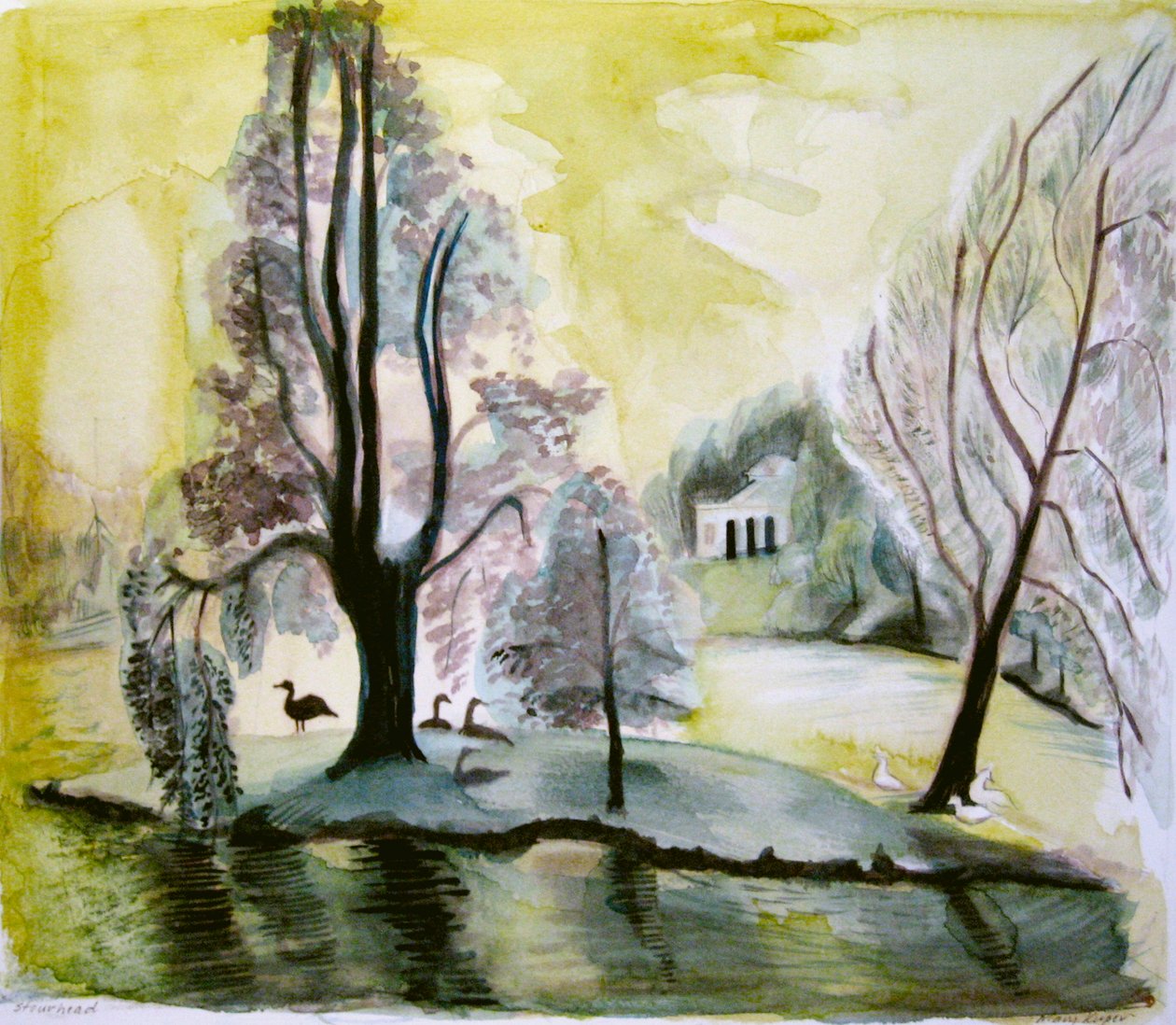 Stourhead, aftensø, 2006 (akvarel) af Mary Kuper