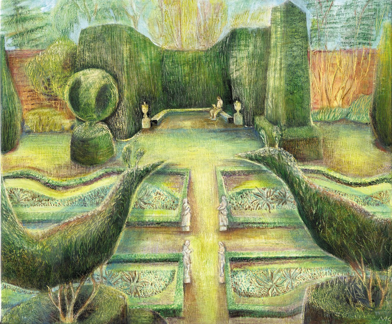 Den lange have, Cliveden, fugle, 2002 (olie om bord) af Mary Kuper