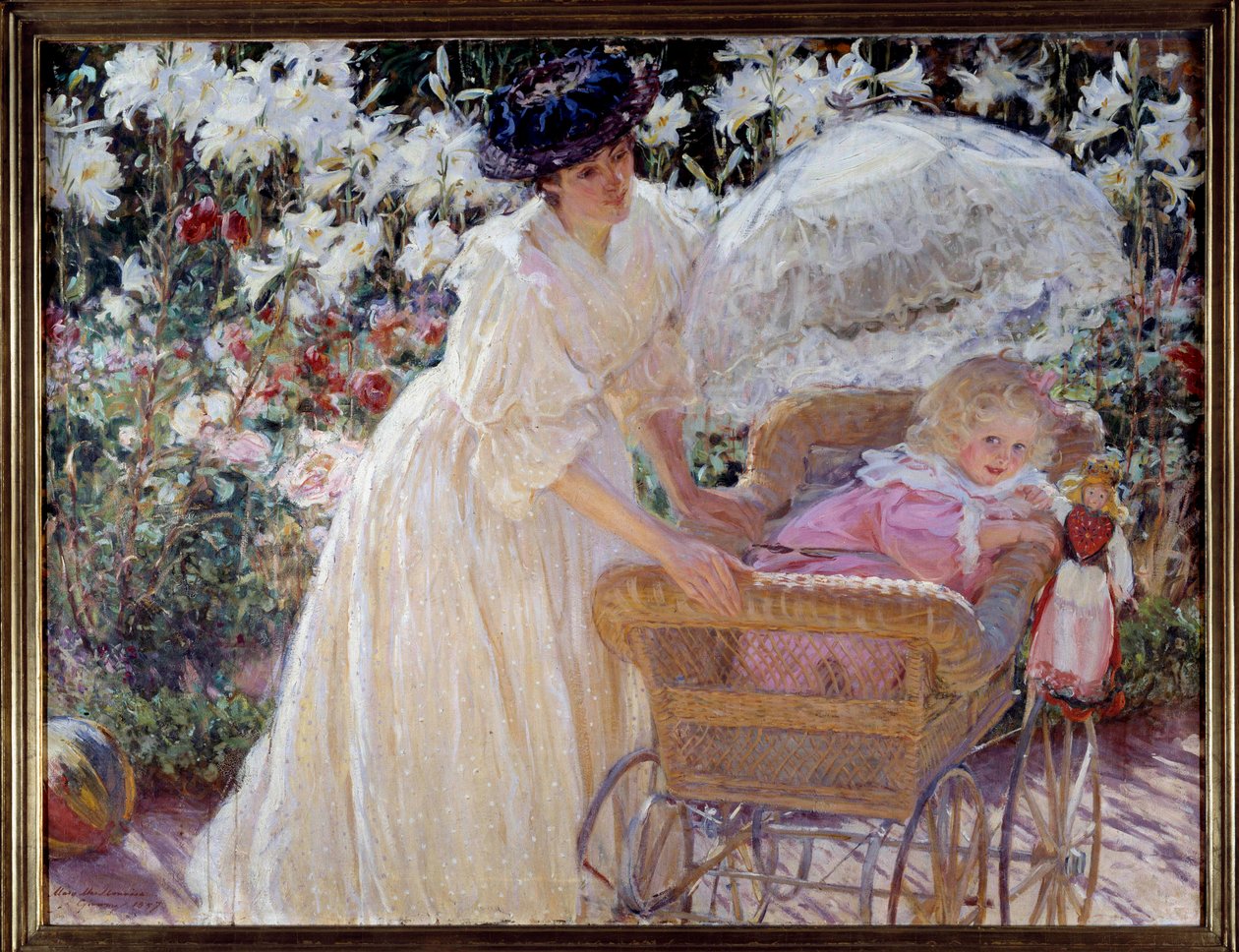 Rose og lilje En mor og hendes lille datter i en barnevogn i en blomsterhave. Maleri af Mary Mac Monnies (1858-1946) 1897 Rouen, Museum of Fine Arts af Mary Louise MacMonnies
