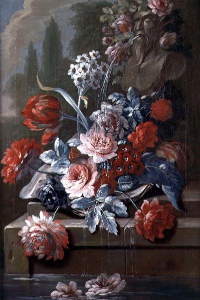 Stilleben af blomster ved en fontæne (olie på lærred) (par 121413) af Mary Moser