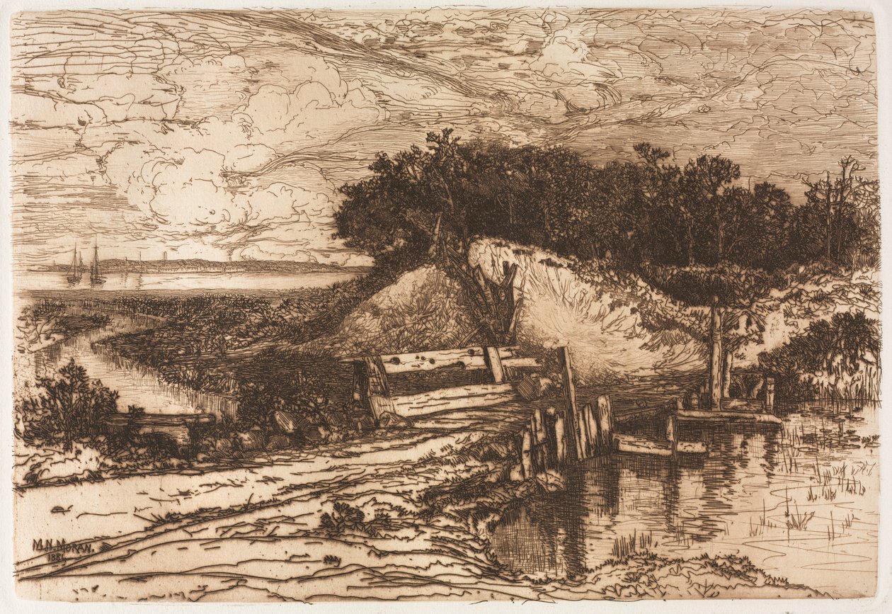 Gardiners Bay, Long Island, set fra Fresh Pond, 1881. af Mary Nimmo Moran