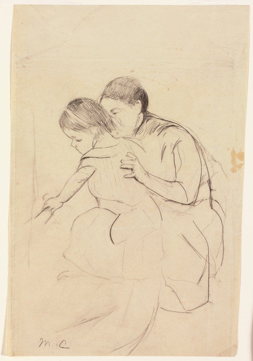 Baby med venstre hånd, der rører ved et badekar, holdt af hendes sygeplejerske, ca. 1891 af Mary Cassatt