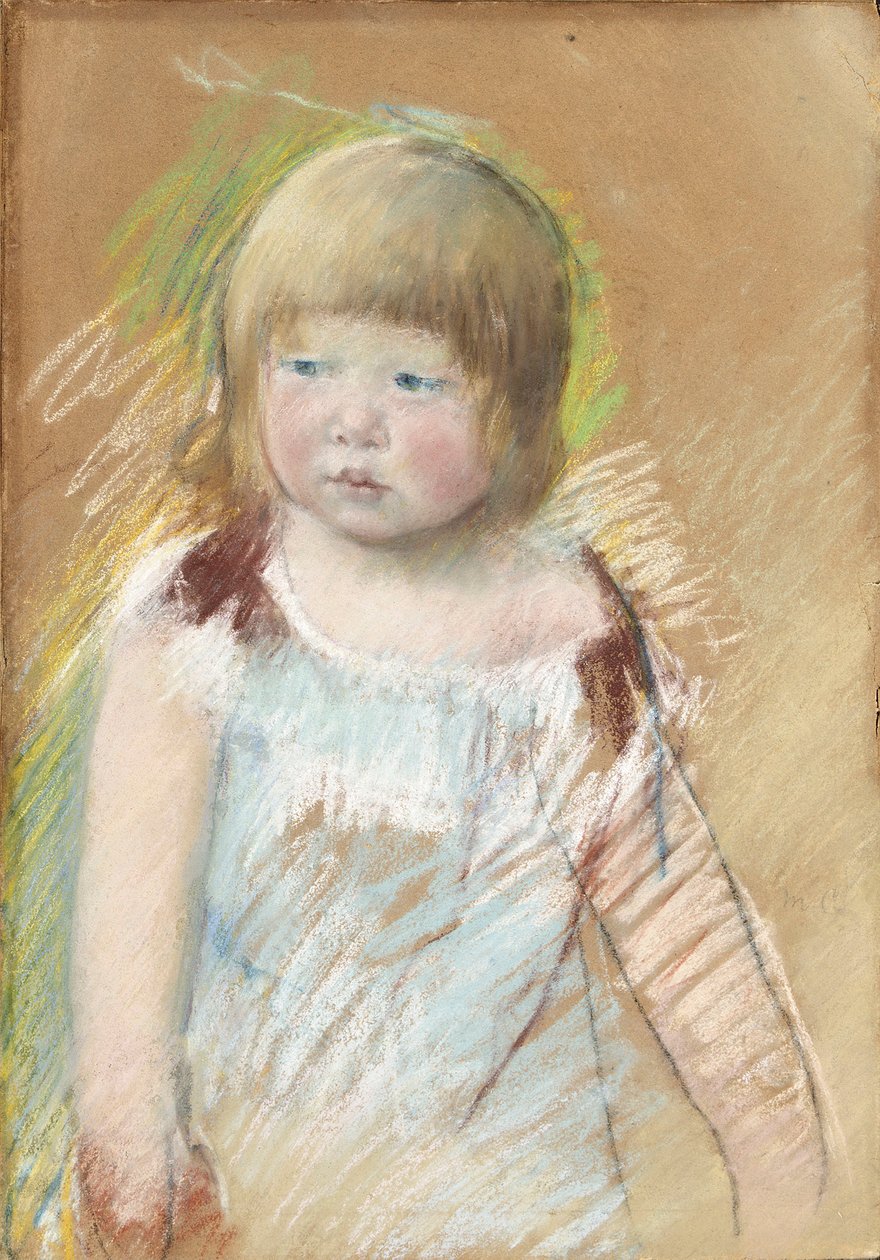 Barn med pandehår i blå kjole, ca. 1910 af Mary Cassatt