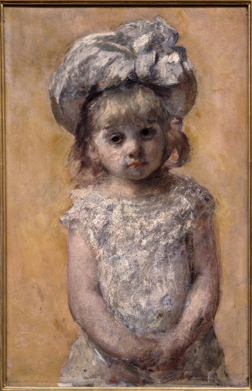 Portræt af pige eller blondekjole. Portræt af en lille pige i en hvid kjole ser trist ud. Maleri af amerikaneren Mary Cassatt (1844-1926) af Mary Stevenson Cassatt