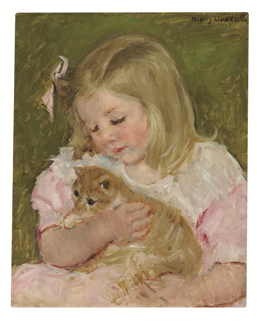 Sara holder en kat, ca. 1907-08 (olie på lærred) af Mary Stevenson Cassatt