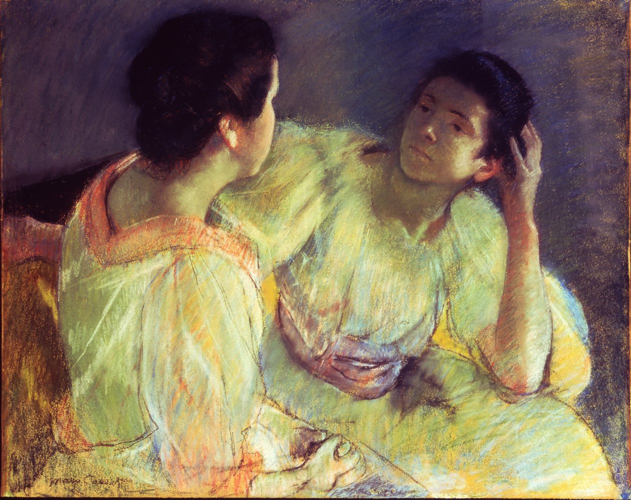 Samtalen, ca. 1896 (pastel på papir lagt på lærred) af Mary Stevenson Cassatt