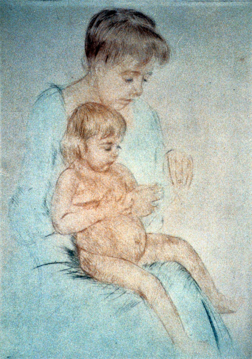 Kvinde holder lille nøgenbarn på skødet, mens hun plejer sine negle, c1904. Pastel. Mary Cassatt (1844-1926) amerikansk maler og grafiker, der fra 1866 hovedsageligt boede i Frankrig. Husmoder Barn af Mary Stevenson Cassatt