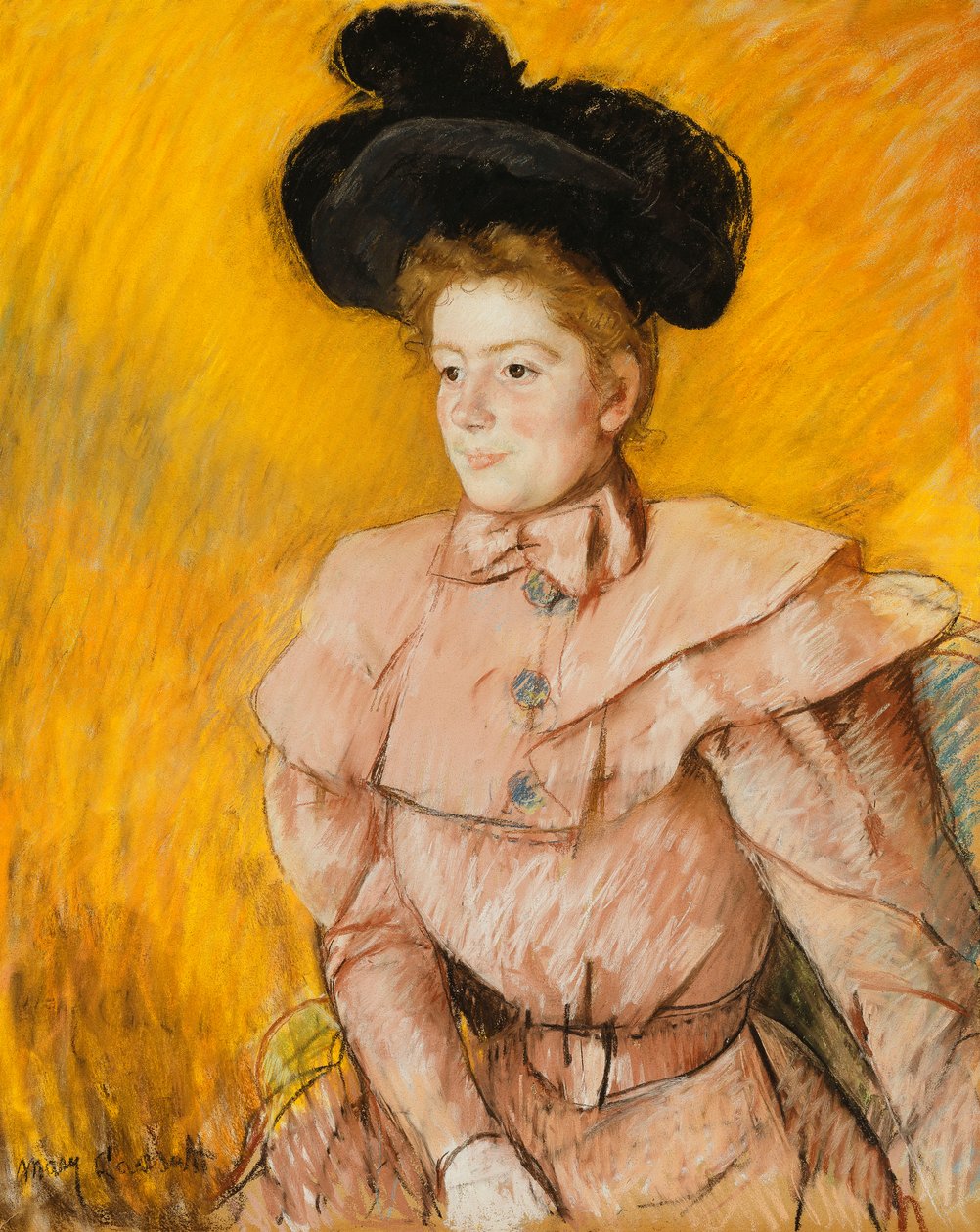 Kvinde i en sort hat og et hindbærrosa kostume, ca. 1899 af Mary Cassatt
