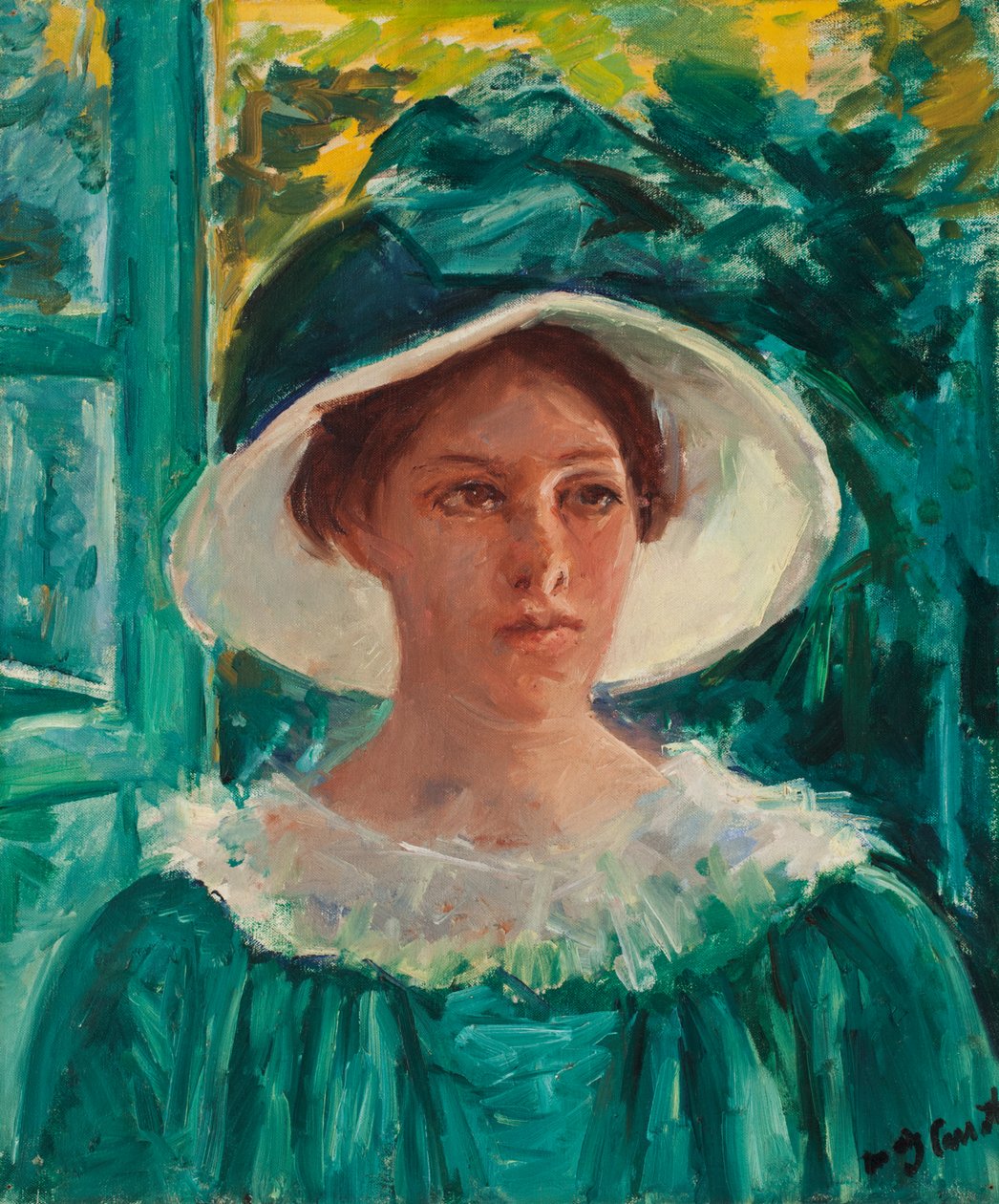 Ung kvinde i grønt, udendørs i solen (hoved for en ung kvinde), ca. 1914 (olie på lærred) af Mary Stevenson Cassatt