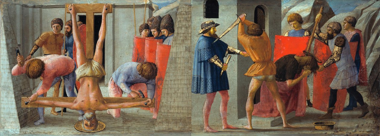 Italiensk:  Masaccio crocefissione di san pietro e martirio di san giovanni Battista Korsfæstelsen af apostlen Peter og halshugningen af Johannes Døberen af Masaccio