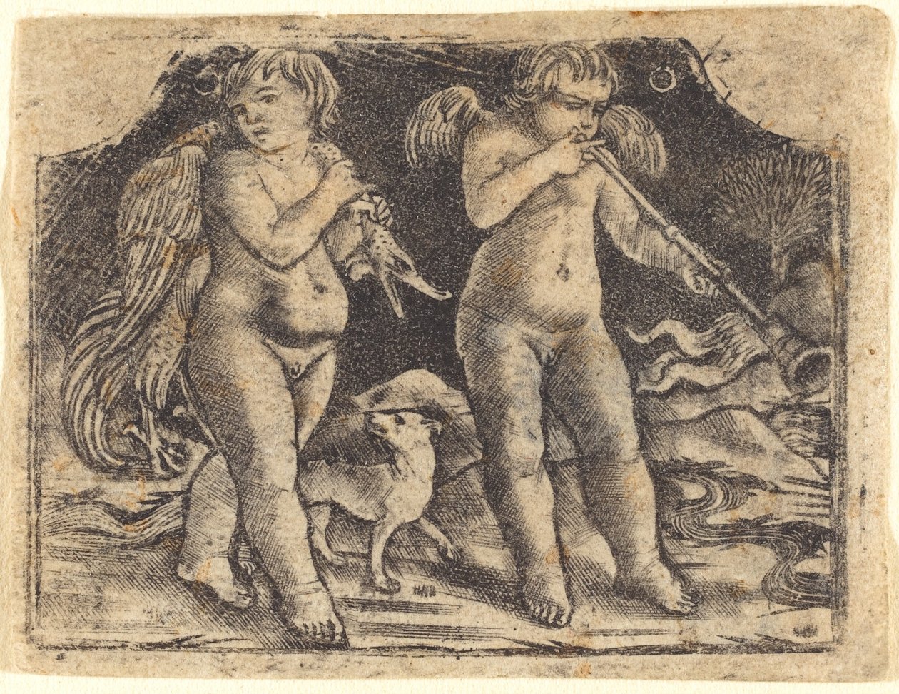Amor, der bærer en høns ledsaget af en hund, og en anden amor, der spiller en trompet af Maso Finiguerra