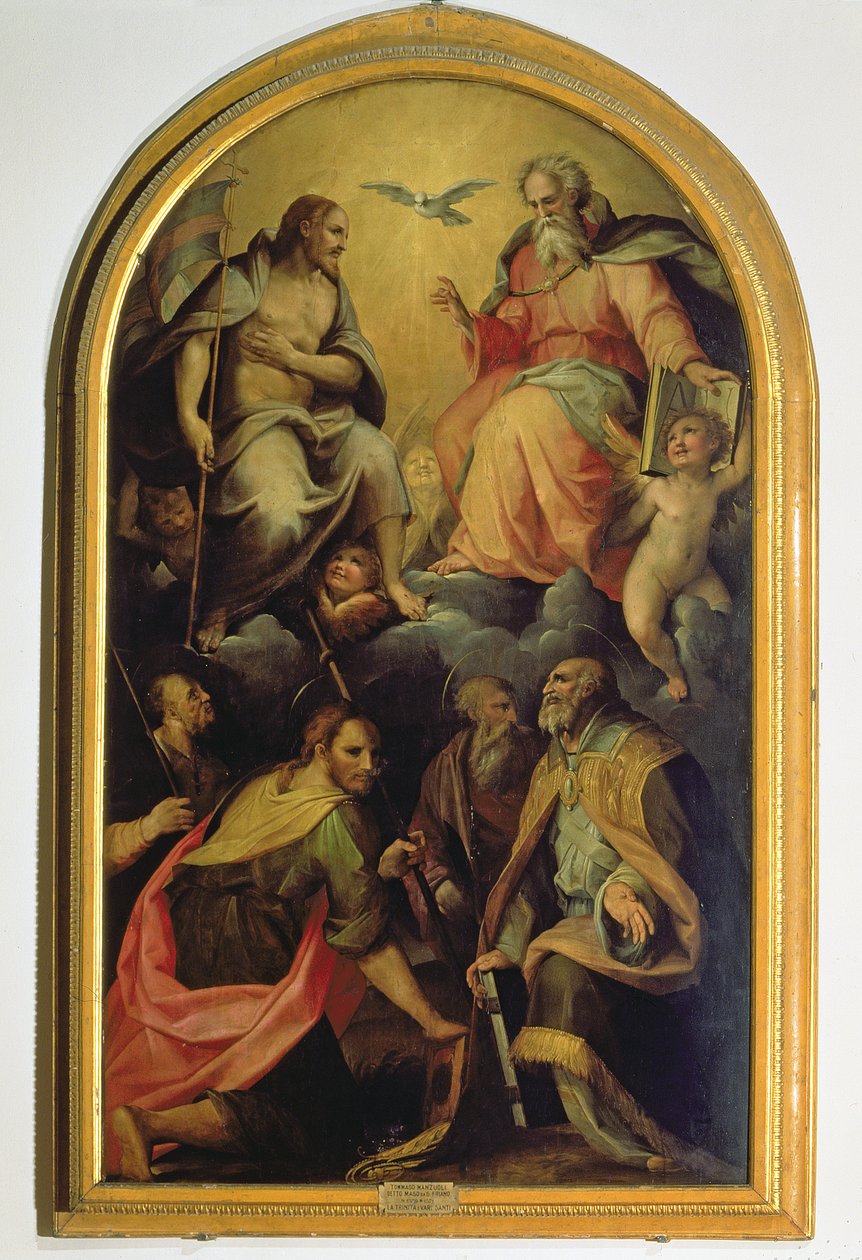 Den hellige treenighed med hellige af Maso da San Friano