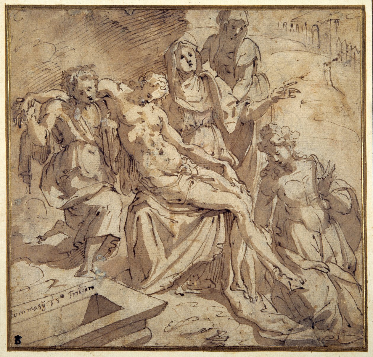 Pietaen (pen og brunt blæk med brun vask på hvidt papir) af Maso da San Friano