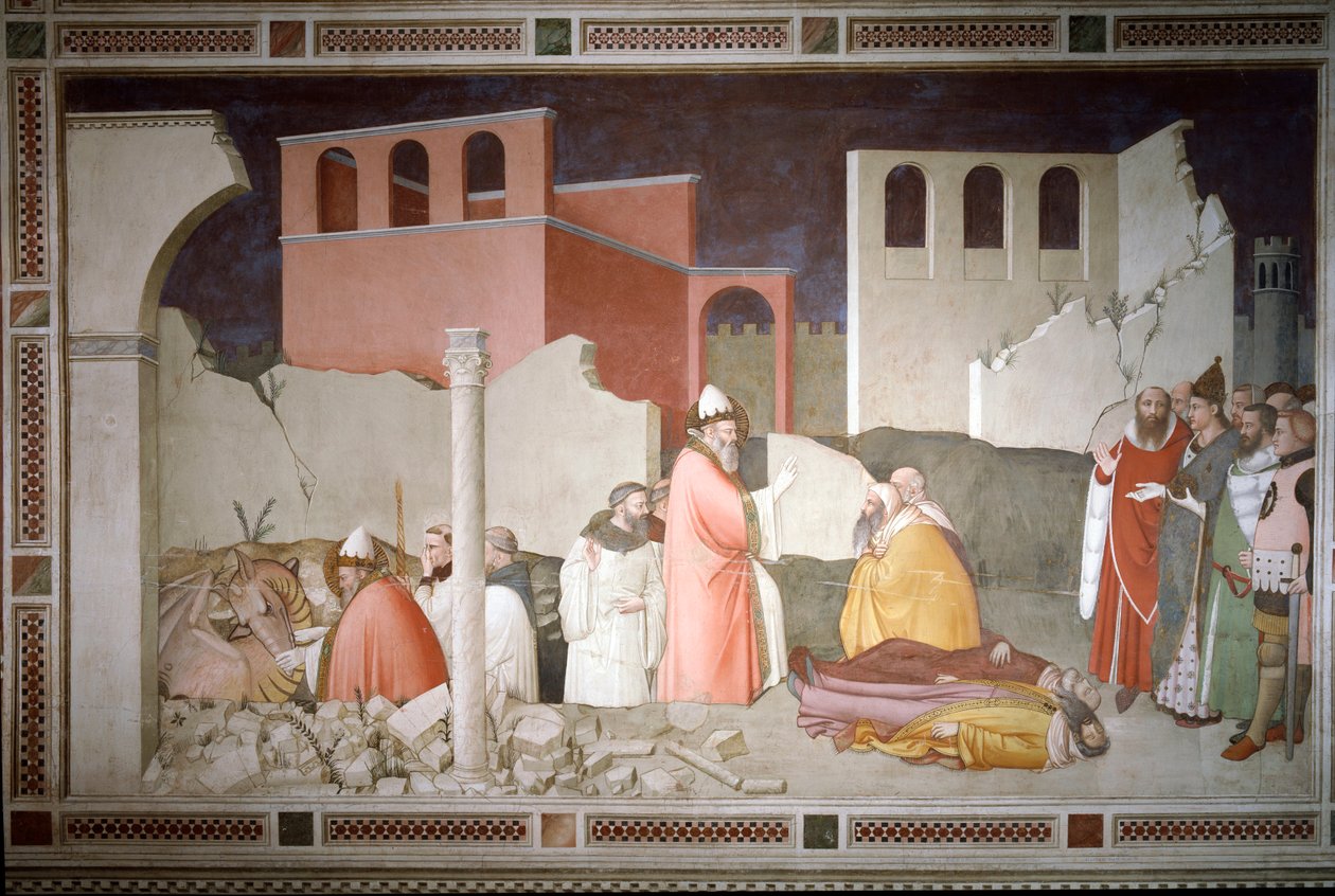 Afsnit af nytårsaften: Pave Sankt Sylvester I (Silvester eller Silvestro) (314-335) lukker dragens mund (venstre) og genopliver to magiske terrasser ved dragens ånde (pave Sylvester I vender en drage væk og genopliver dets ofre) - Fre af Maso di Banco
