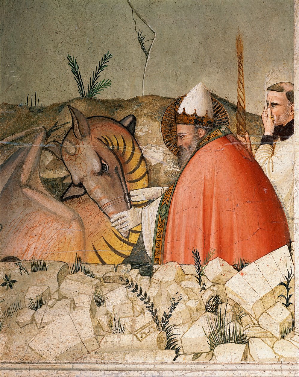 Episoder af nytårsaftens liv: Pave Sankt Sylvester I (Silvester eller Silvestro) (314-335) lukker dragens mund. Detalje. Fresco af Maso di Banco (kendt omkring 1341-1346) Firenze fra det 14. århundrede, Chiesa di Santa Croce, Cappella Bardi af Maso di Banco