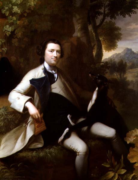Francis Popham (d.1780) siddende i et skovklædt landskab med sin Greyhound (olie på lærred) af Mason Chamberlain