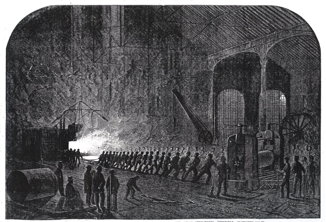 Processen med at rulle panserplader til Hendes Majestæts skibe på Alas Steelworks, Sheffield, illustration fra 