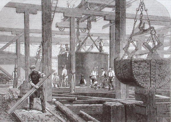 Udsigt over byggearbejde, der finder sted ved Blackfriars Bridge for London, Chatham og Dover Railway, der viser synkningen af en cylinder til en af de cirkulære stenmoler af Mason Jackson
