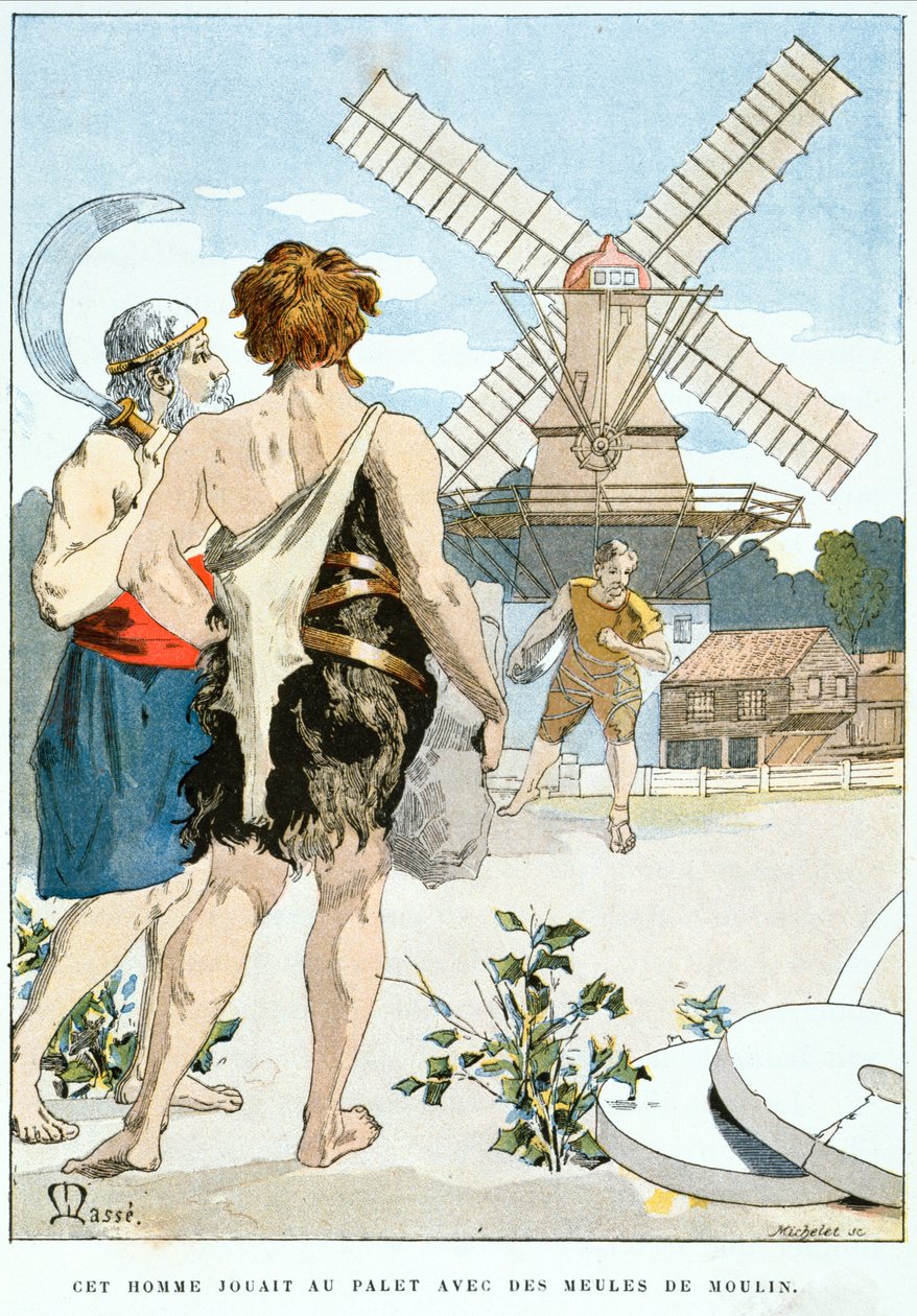 2ean-LOurs møder Roue de Moulin, den første af de tre stærke mænd, der ledsager ham på hans eventyr, ca. 1900 af Masse Masse