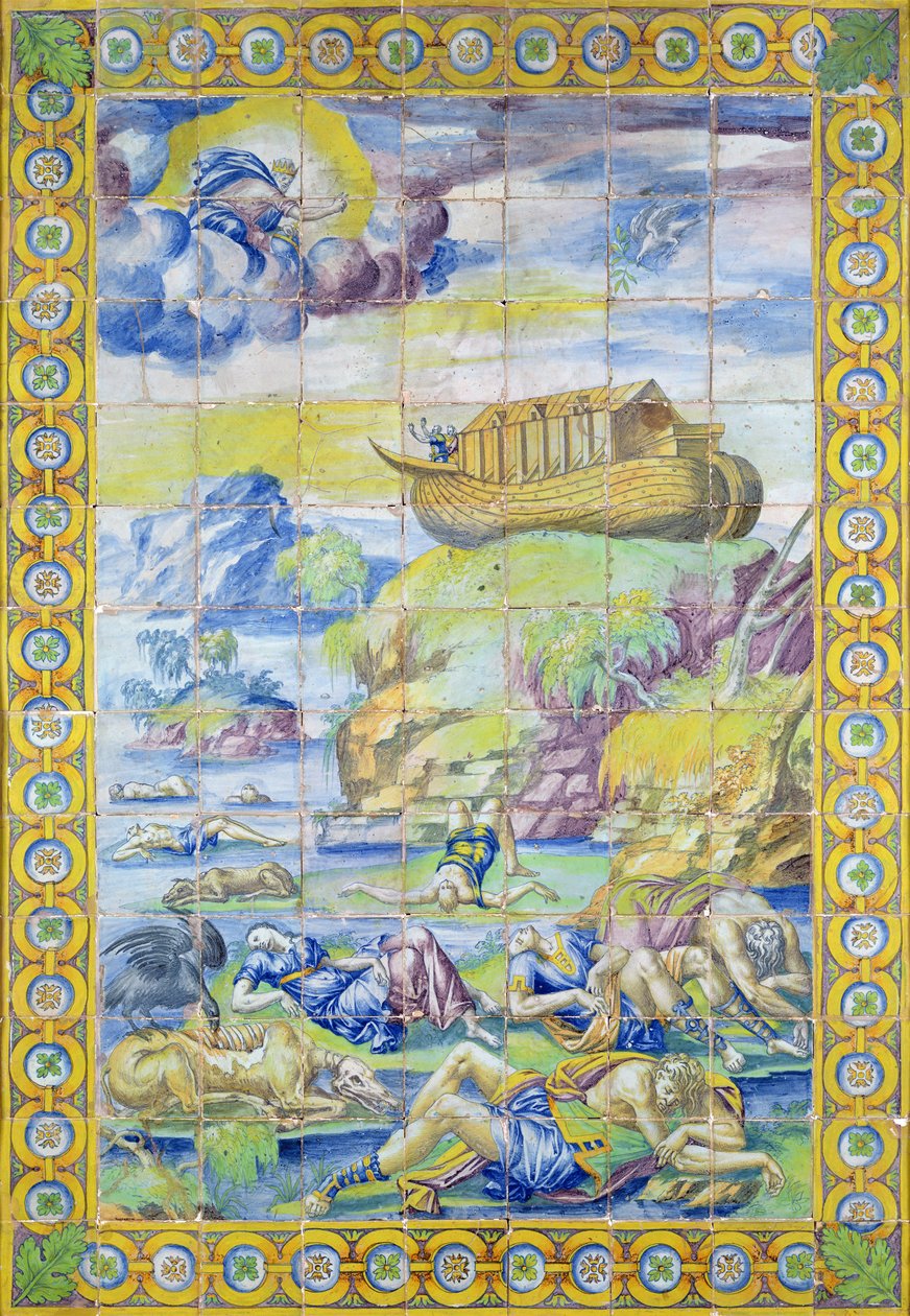 Flise, der viser historien om Noah: Arken på Ararat-bjerget efter syndfloden, lavet i Rouen (fajance) af Masseot Abaquesne