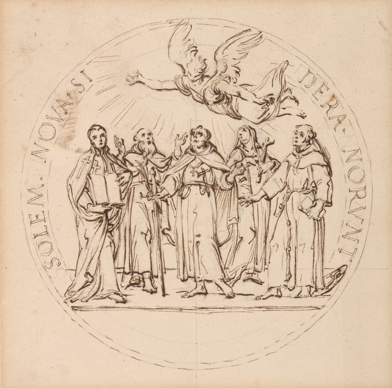 Design til en pavelig medaljon til kanoniseringen af Clement X af Saint Pius, Saint Gaetano dei Conti di Thiene, Saint Francis Borgia, S. J., Saint Louis Bertrand, O.P., og Saint Margaret Q(ueen) af Skotland af Massimiliano Soldani