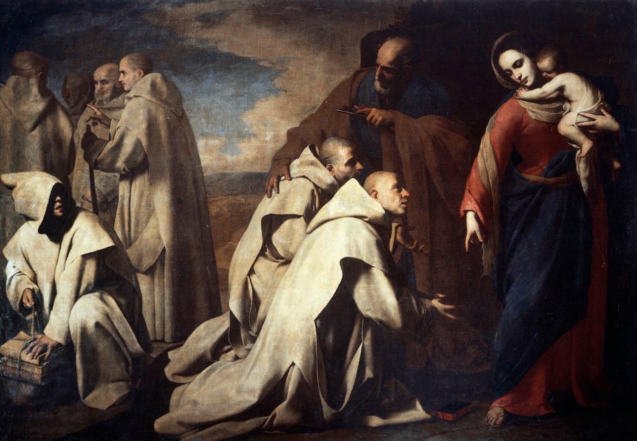 Madonna og Sankt Peter trøster tilhængerne af Sankt Bruno, holdt i Rom ved den pavelige domstol (olie på lærred) af Massimo Stanzione
