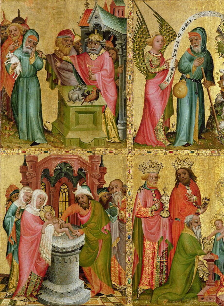 Joachims offer og Kristi omskæring, fra venstre fløj af Buxtehude-alteret, 1400-10 (tempera på panel) (detalje af 159469) af Master Bertram of Minden
