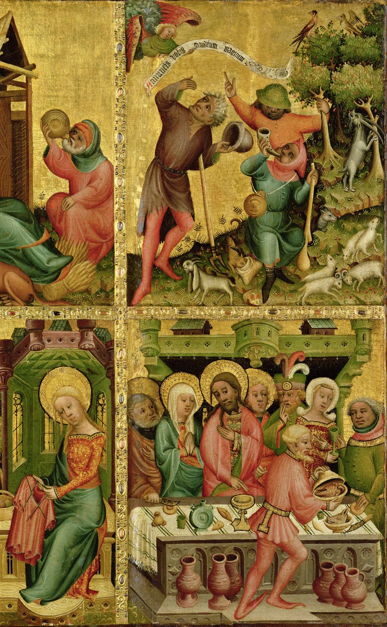 Bebudelsen til hyrderne og ægteskabet i Kana, fra højre fløj af Buxtehude-alteret, 1400-10 (tempera på eg) af Master Bertram of Minden