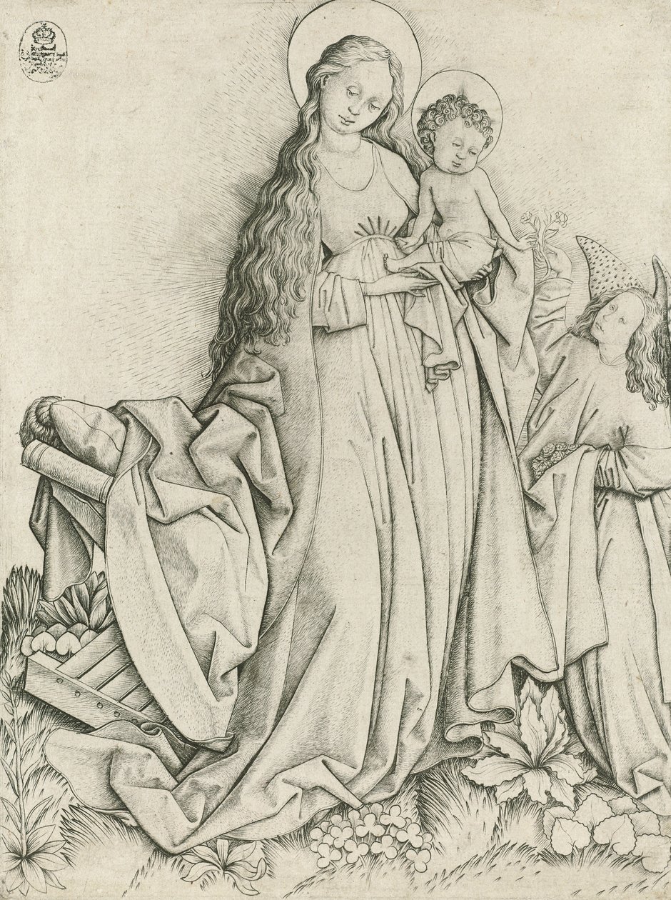 Madonna med engel, der giver roser af Master E.S.