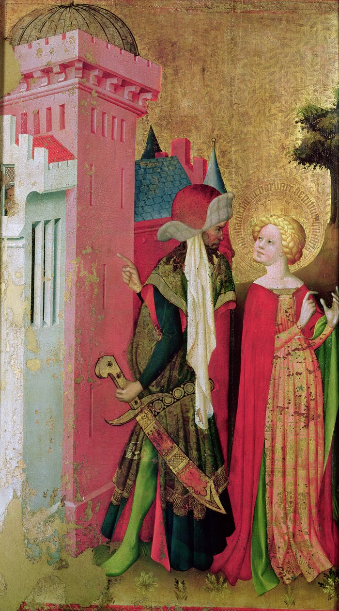 St. Barbara låst i et tårn af sin far, fra St. Barbara-altertavlen (tempera og olie på panel) af Master Francke