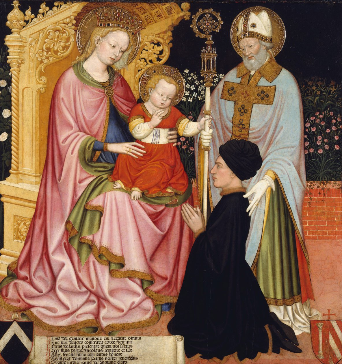 Madonna og barn med donoren, Pietro de Lardi, præsenteret af Saint Nicholas, ca. 1420-30 (tempera og guld på træ) af Master GZ Master GZ