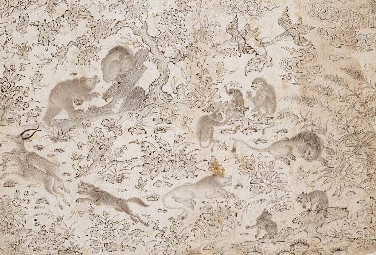 Fugle og dyr i et blomstrende landskab af Master Muhammad Siyah Qalam