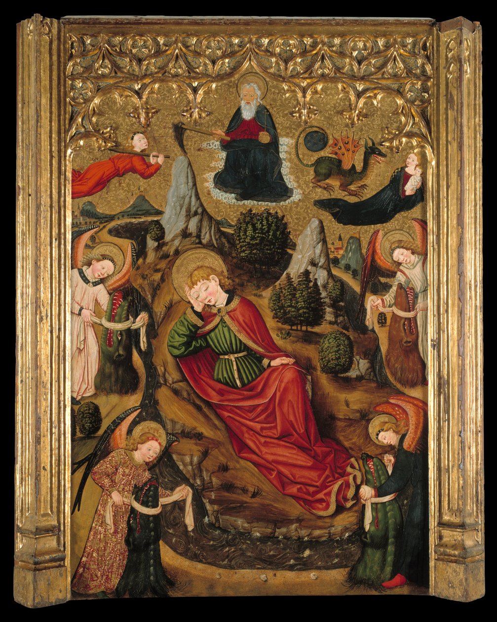 Den hellige Johannes Evangelister drømmer på Patmos af Master of Aiguatèbia