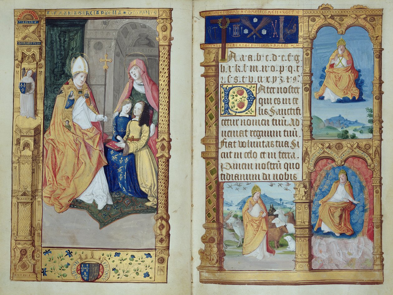 Ms 159, s.1-2 En pige knæler ved et skrivebord med Jomfruen og de hellige, fra en Primer, ca. 1500-10 (blæk & guldblæk på pergament) af Master of Antoine de Roche