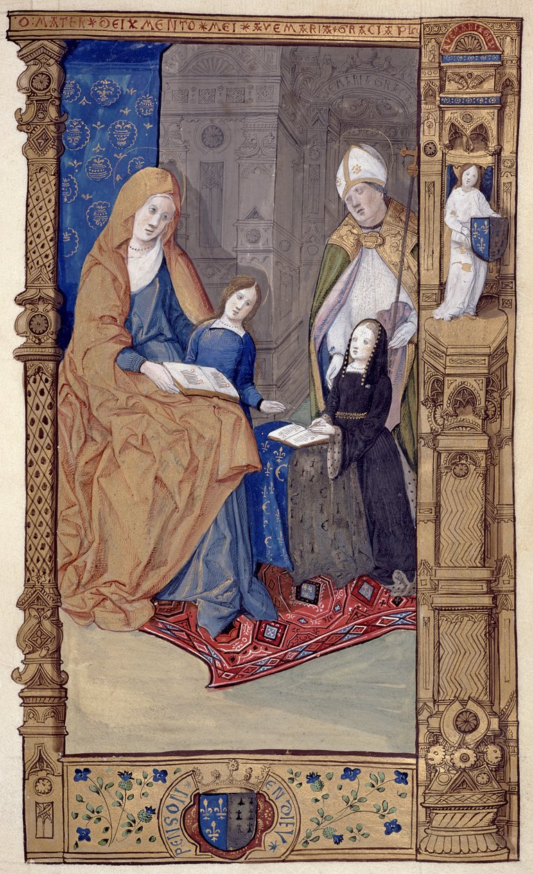 Ms.159.p14 St. Claude præsenterer en knælende pige til St. Anne og Jomfruen, fra The Primer of Claude de France, c.1500-10 (blæk & guldblæk på pergament) af Master of Antoine de Roche