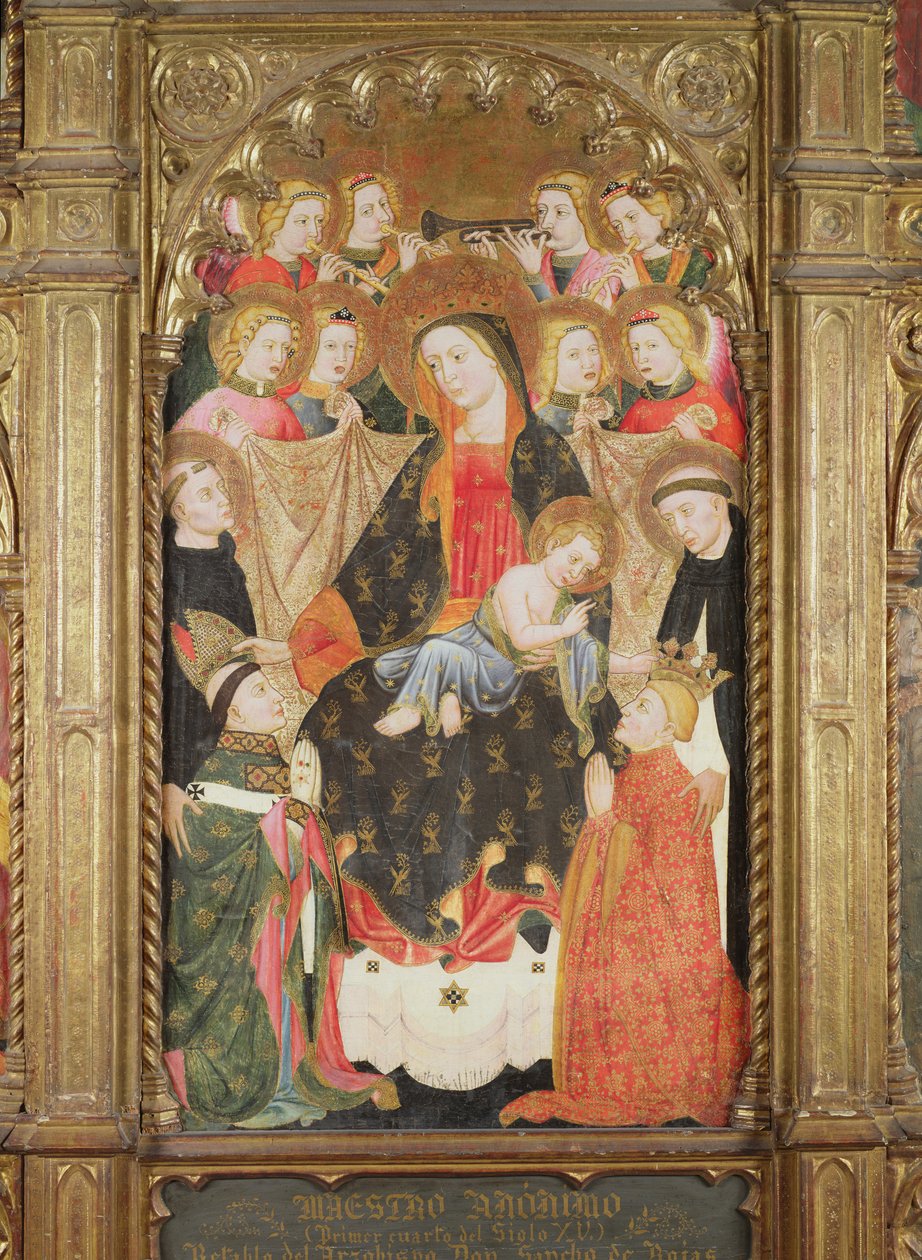 Altertavle, der viser jomfruen og barnet med engle, dominikanske hellige og to donorer af Master of Archbishop Don Sancho Rojas