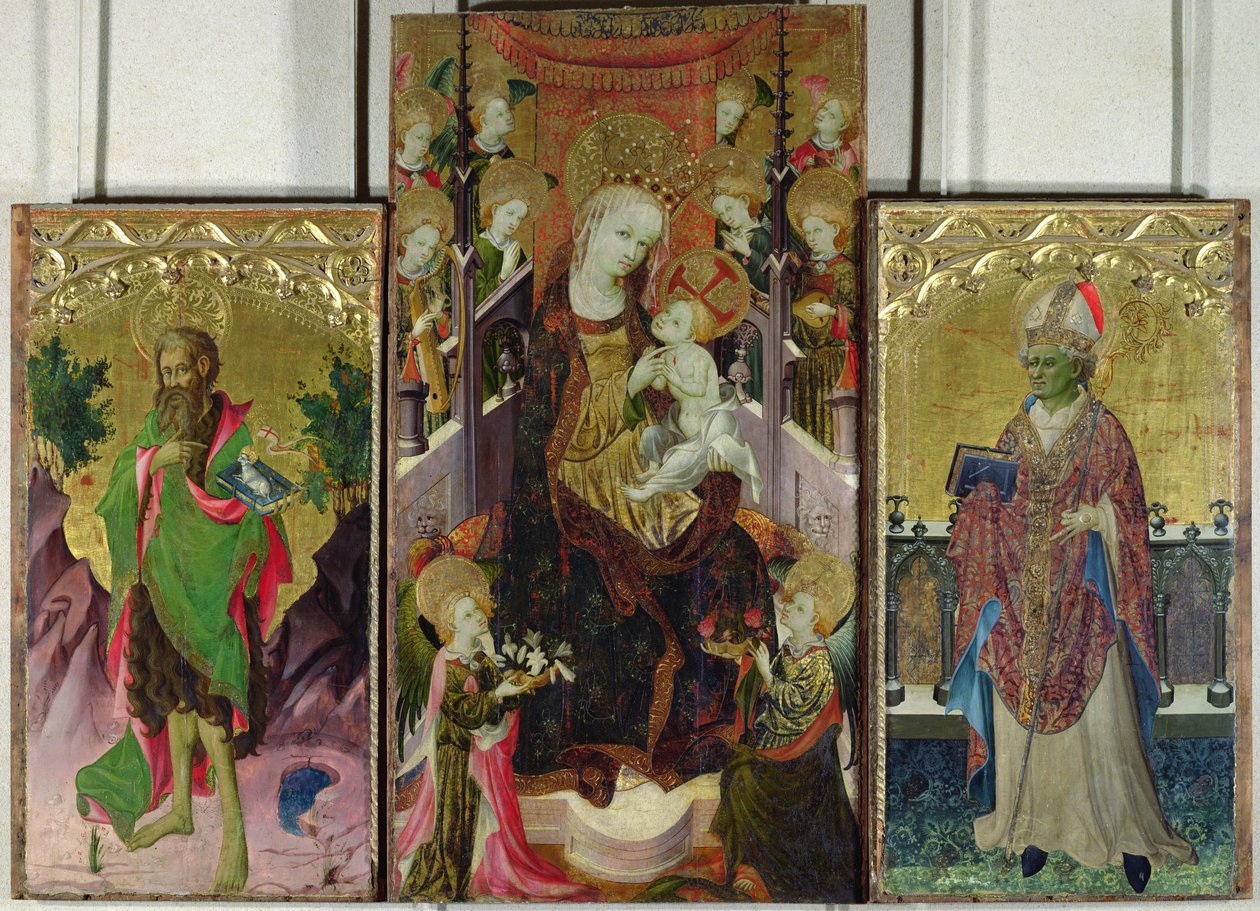 Madonna og barn på tronen omgivet af engle med St. Johannes Døberen og St. Ambrosius, 1400-30 (se 95111 for detaljer) af Master of Burgo de Osma